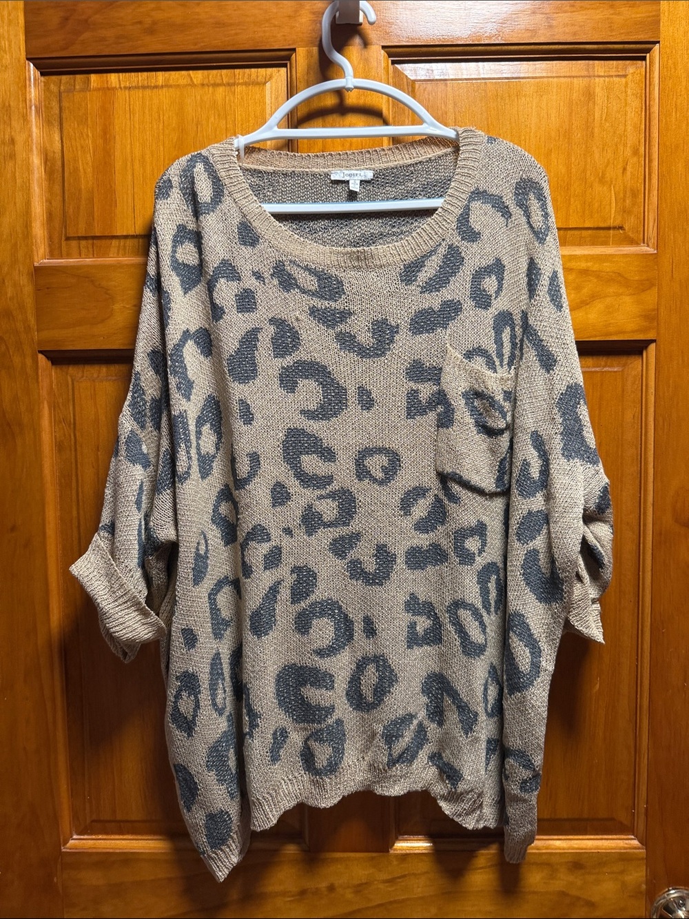 JODIFL Taupe and Charcoal Leopard Print Crewneck Sweater